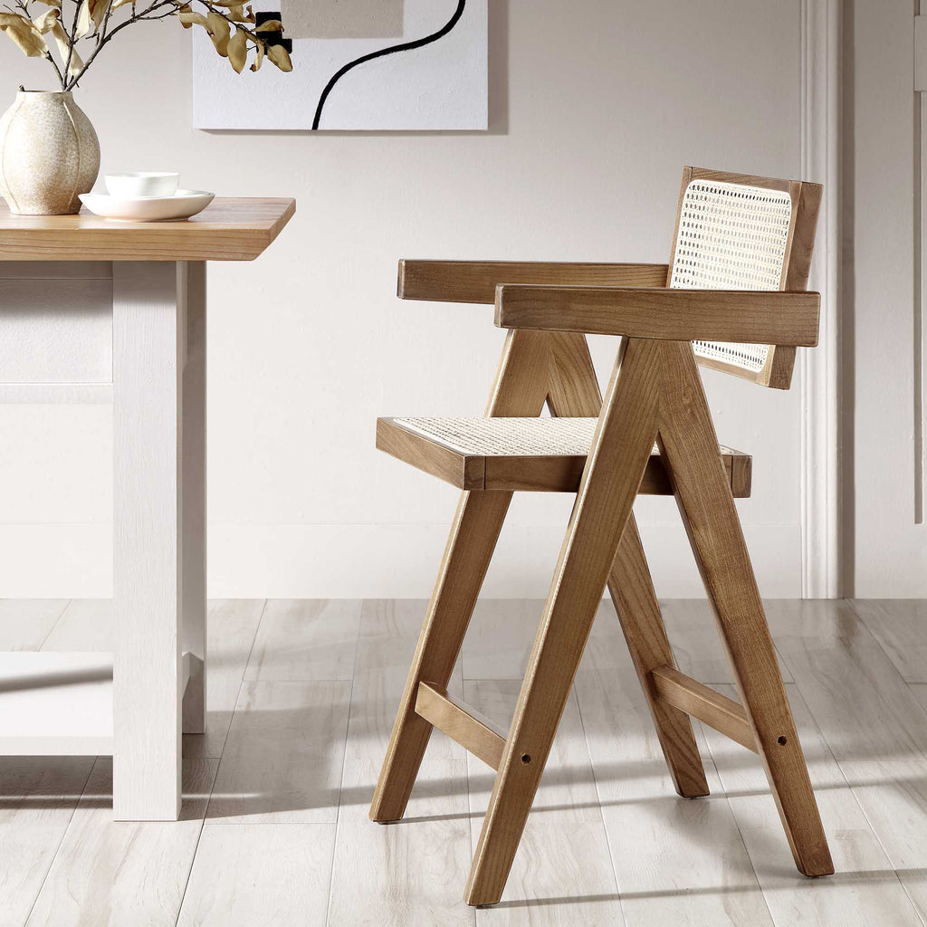 Jeanne Light Walnut Cane Rattan Solid Beech Wood Counter Stool — view 2