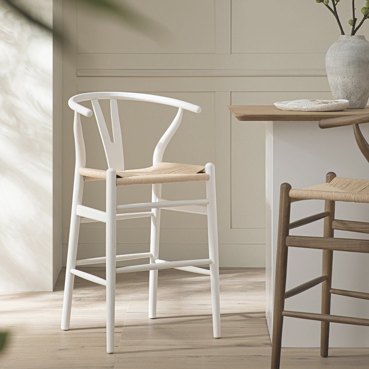 Hansel Wooden Natural Weave Counter Stool, White Frame — bar stool from 2nd Time Around