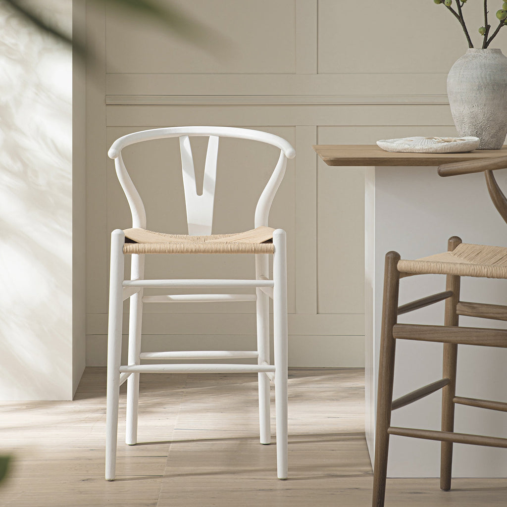 Hansel Wooden Natural Weave Counter Stool, White Frame — view 2
