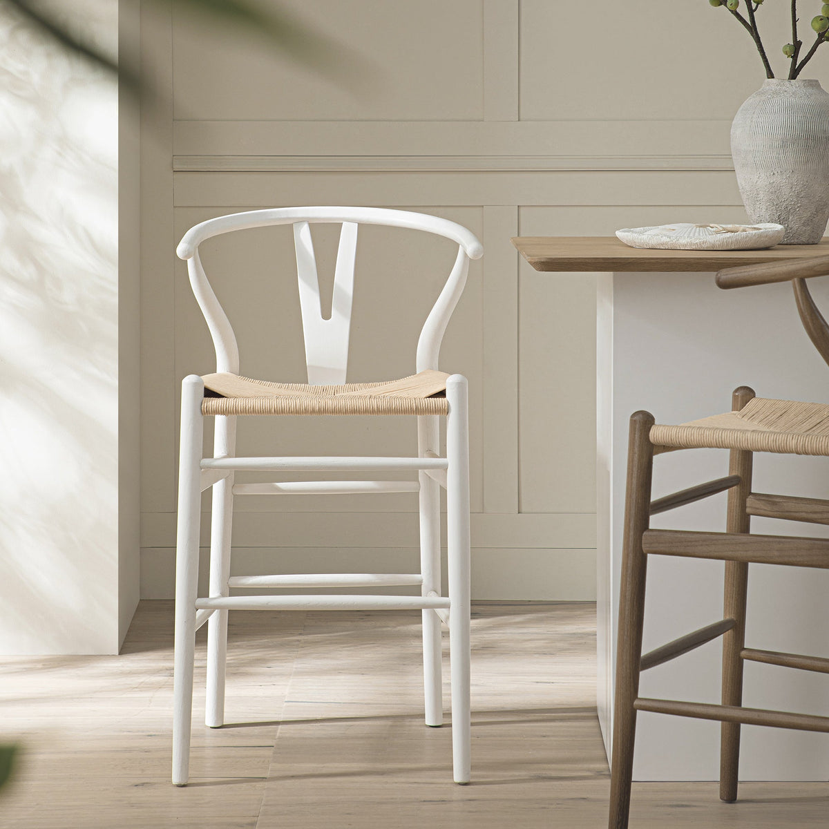 Hansel Wooden Natural Weave Counter Stool, White Frame — view 2