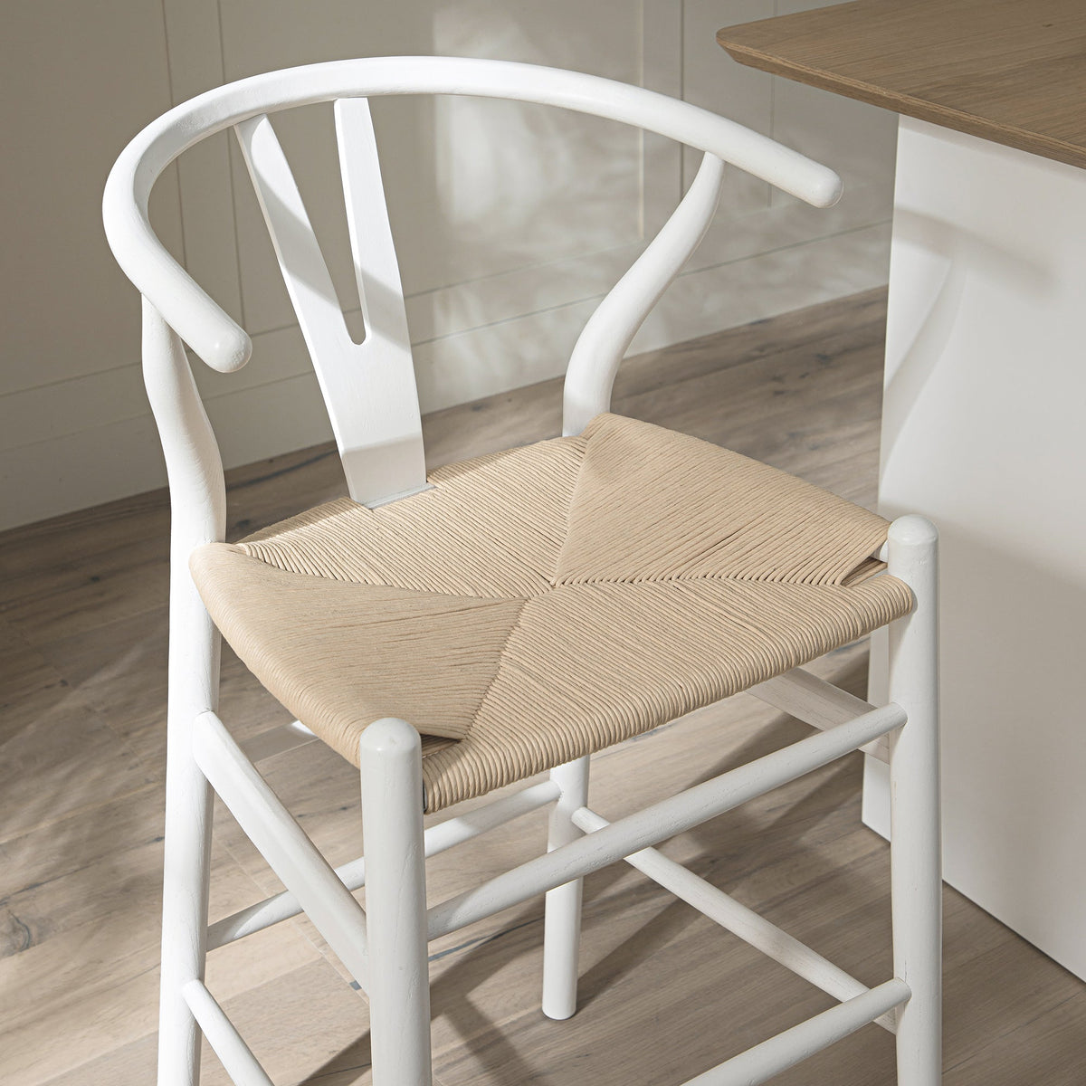 Hansel Wooden Natural Weave Counter Stool, White Frame — view 3