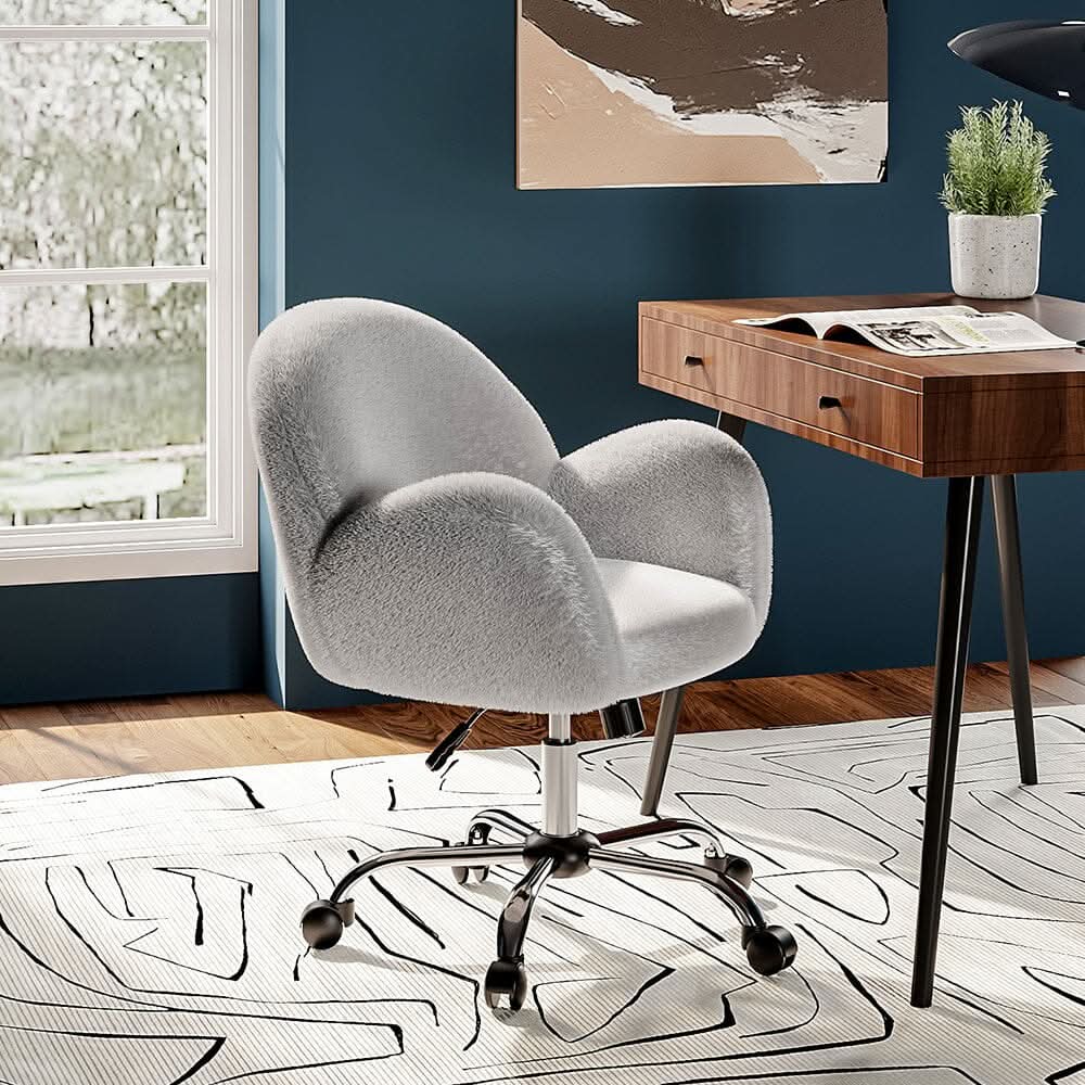 Grey Plush Adjustable Office Chair with Armrests and Rolling Wheels — view 2