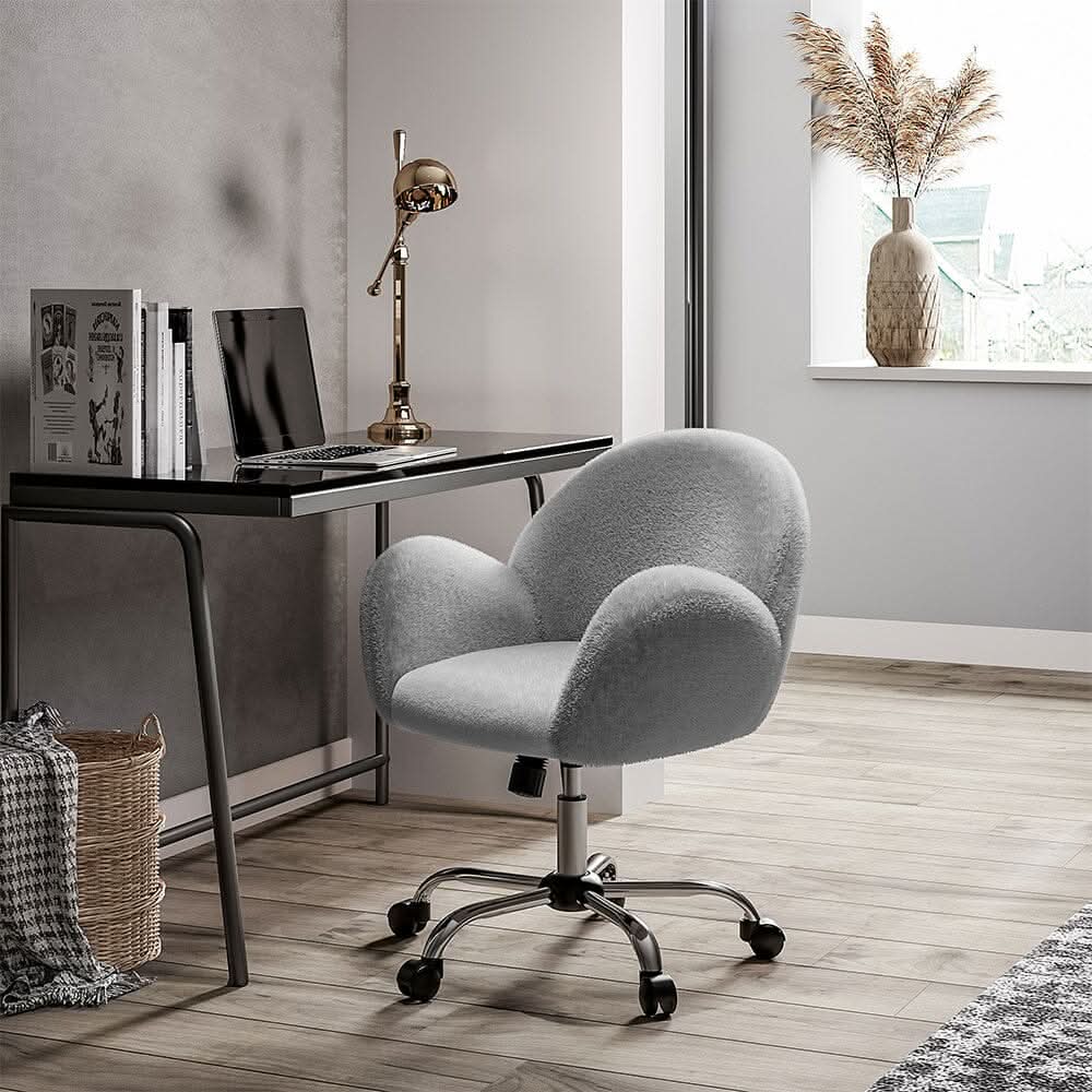 Grey Plush Adjustable Office Chair with Armrests and Rolling Wheels — view 4