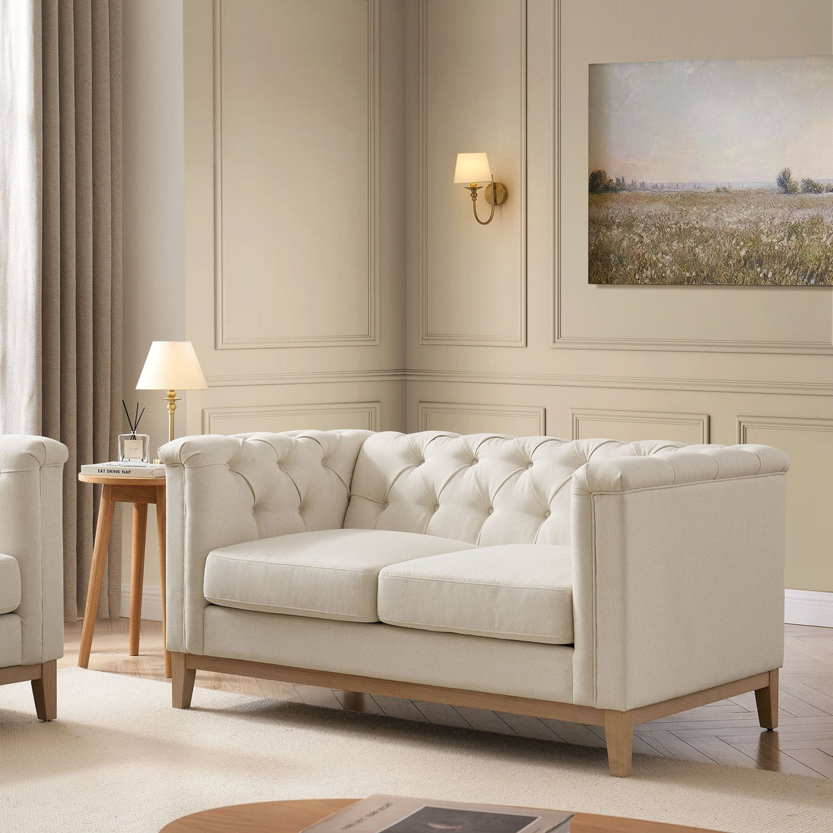 Chesterfield 2 Seater Sofa - Cream Linen — sofa from 2nd Time Around
