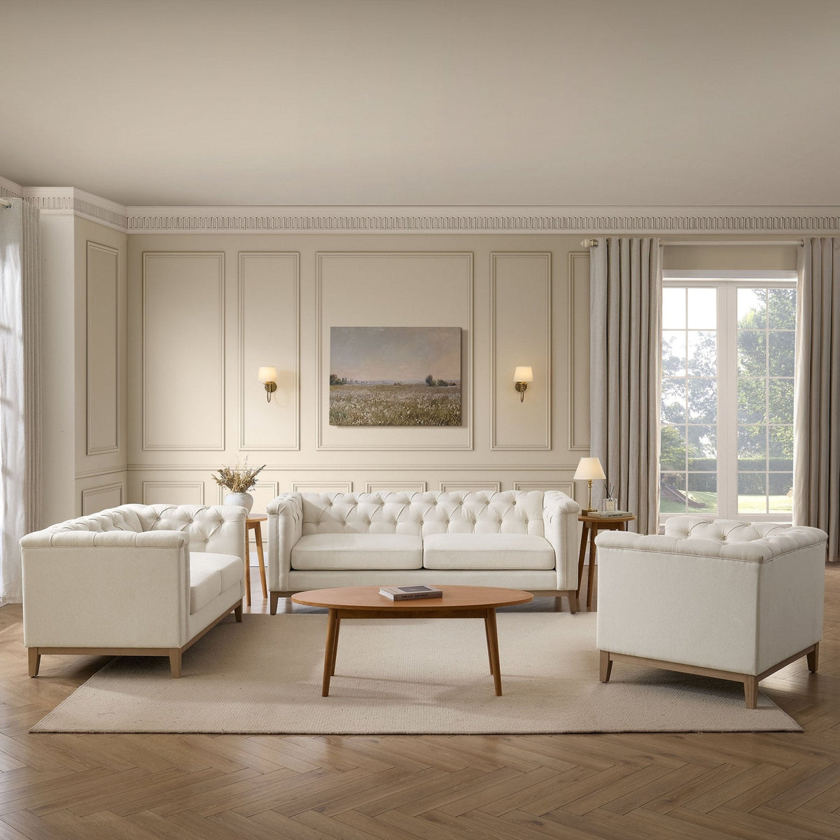Chesterfield 3 Seater Sofa - Cream Linen — view 3
