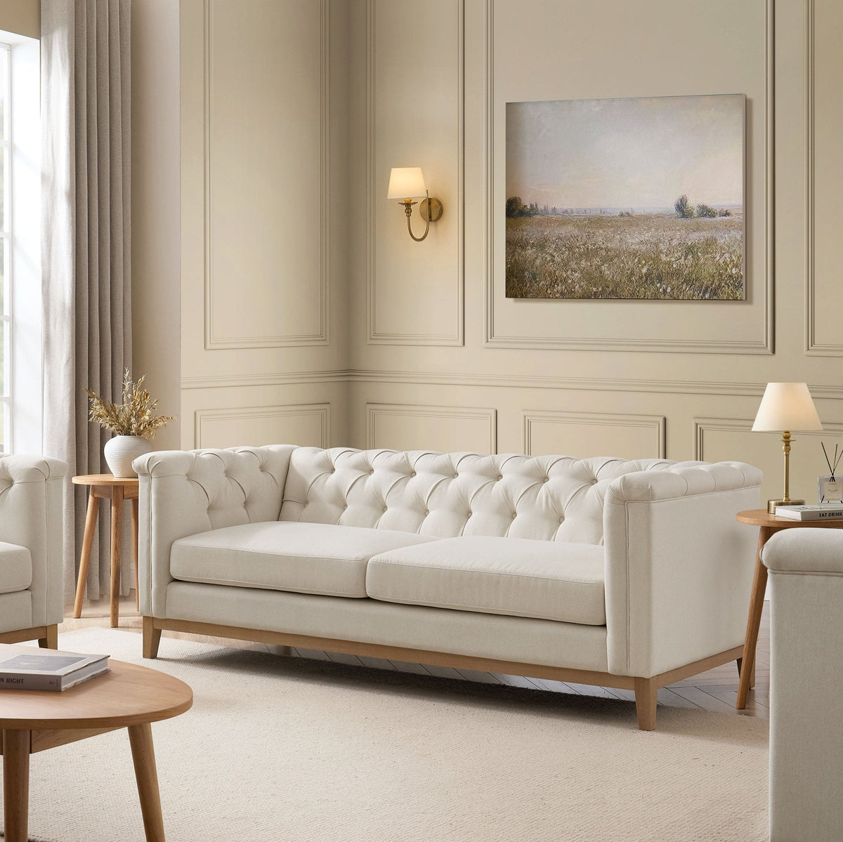 Chesterfield 3 Seater Sofa - Cream Linen — sofa from 2nd Time Around