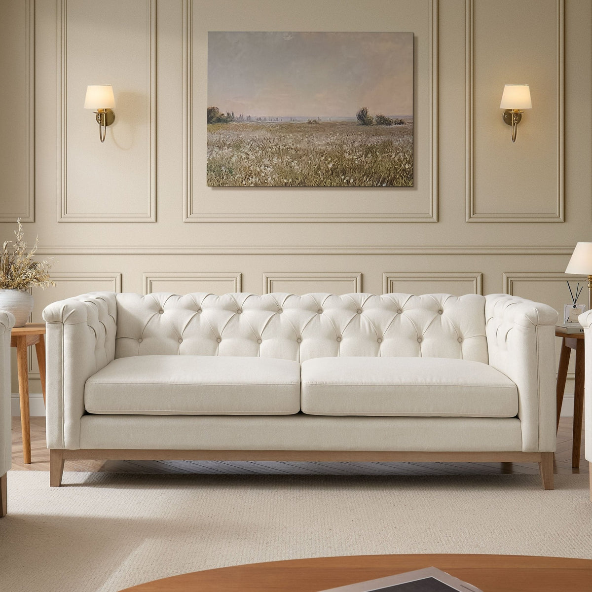 Chesterfield 3 Seater Sofa - Cream Linen — view 2