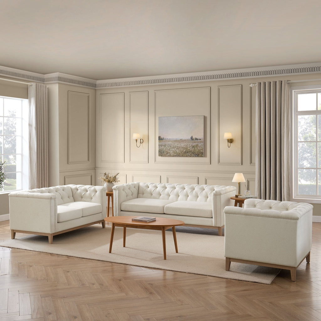 Chesterfield 3 Seater Sofa - Cream Linen — view 4