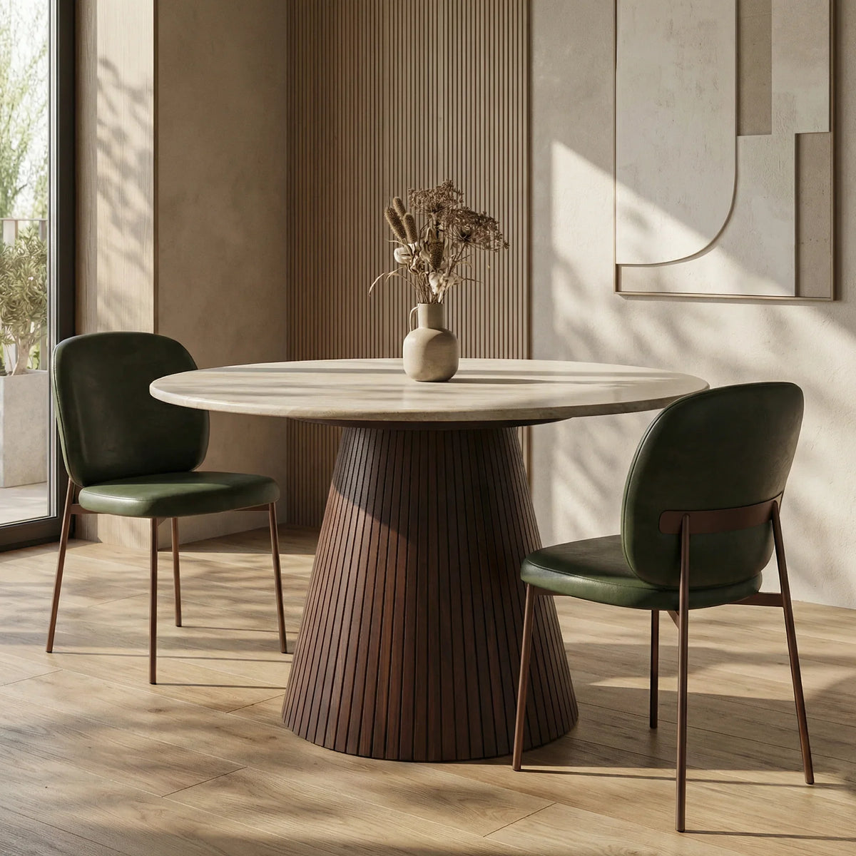 Oxborough 4 Seat Round Dining Table | Natural Travertine Effect Sintered Stone & Walnut — dining table from 2nd Time Around