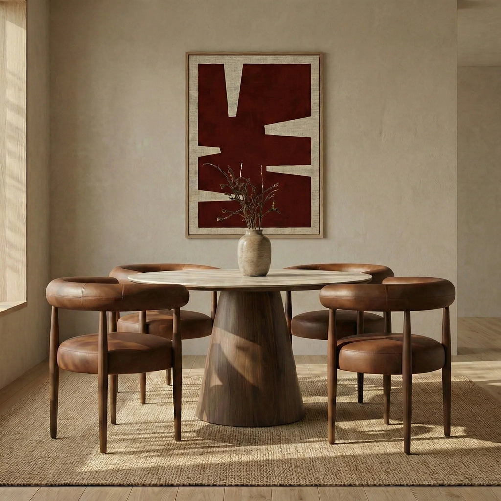 Finnley Large 4 Seat Round Dining Table | Natural Travertine Effect Sintered Stone & Walnut — view 2