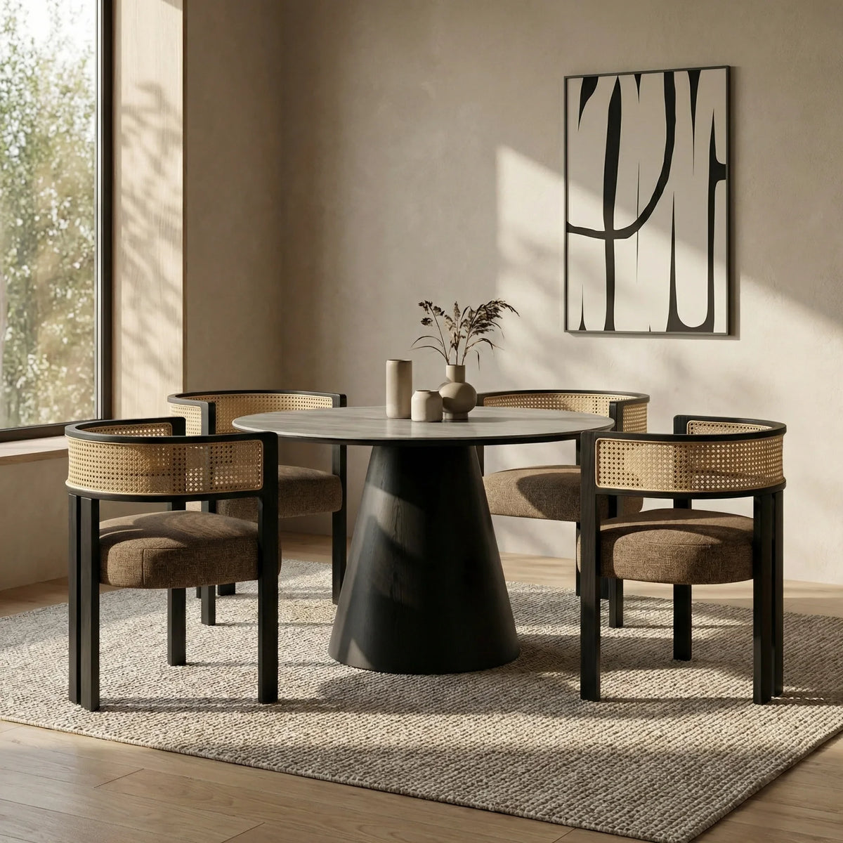 Finnley Large 4 Seat Round Dining Table | Grey Travertine Effect Sintered Stone & Black — dining table from 2nd Time Around