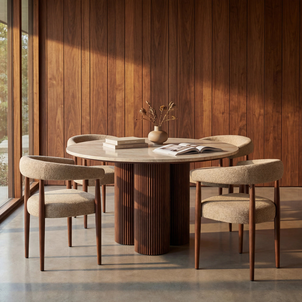 Skylar 4 Seat Round Dining Table | Natural Travertine & Smoked Walnut — view 2