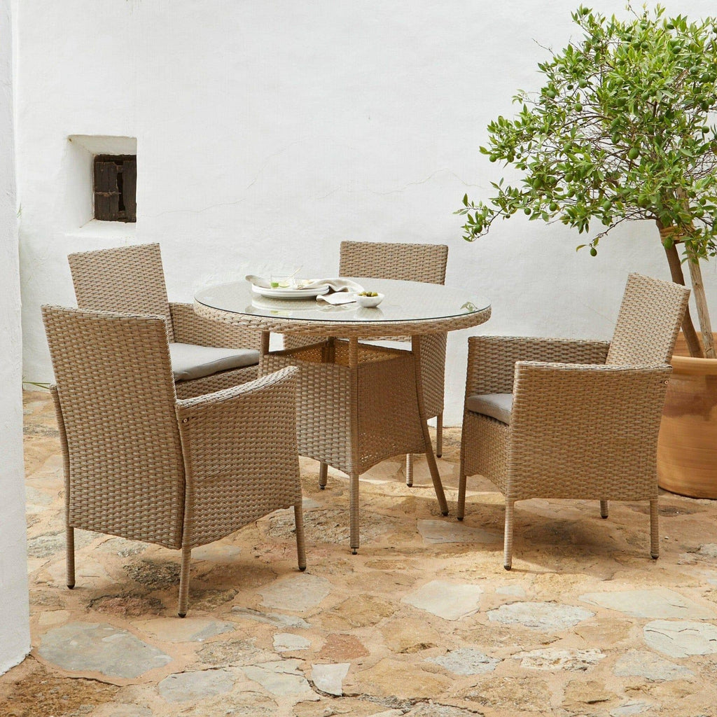Kemble 4 Seater Rattan Round Garden Dining Table & Chair Set - Natural Brown — garden dining set from 2nd Time Around