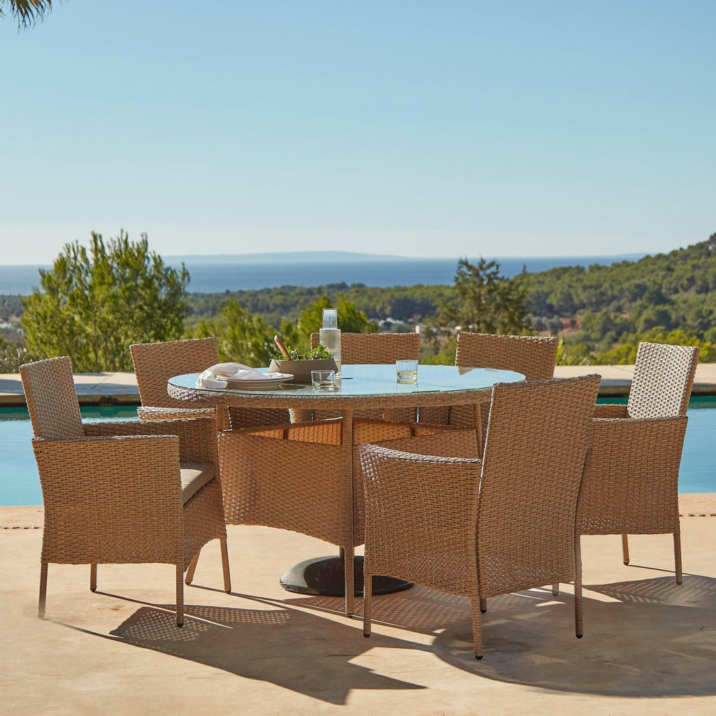 Kemble 6 Seater Rattan Round Garden Dining Table Set - Natural Brown — garden dining set from 2nd Time Around