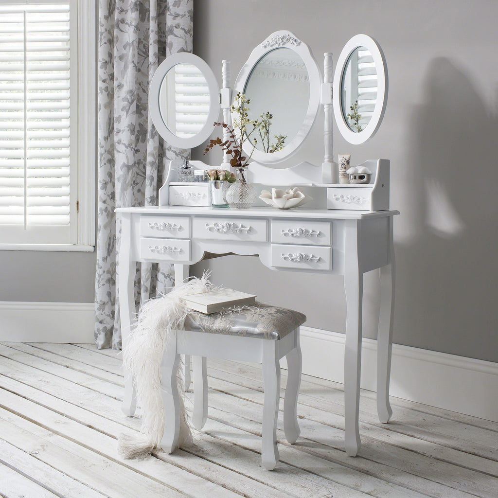 Monaco White Dressing Table with Mirror & Stool — dressing table from 2nd Time Around