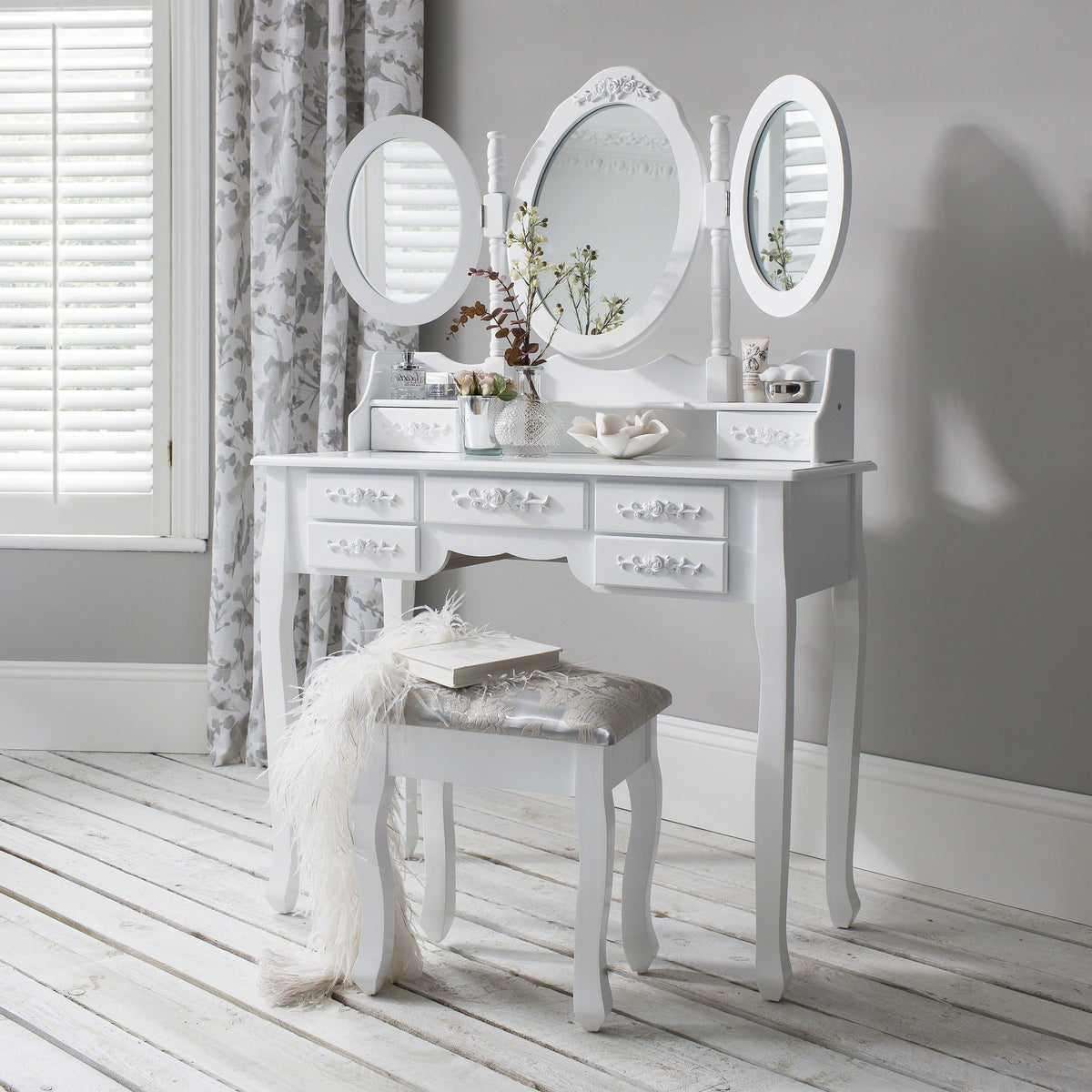Monaco White Dressing Table with Mirror & Stool — dressing table from 2nd Time Around