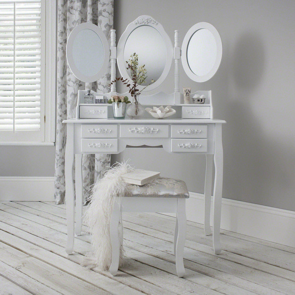 Monaco White Dressing Table with Mirror & Stool — view 3