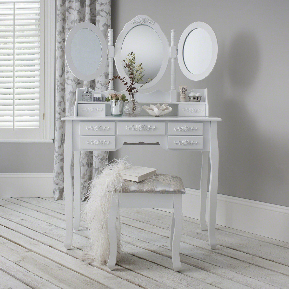 Monaco White Dressing Table with Mirror & Stool — view 3