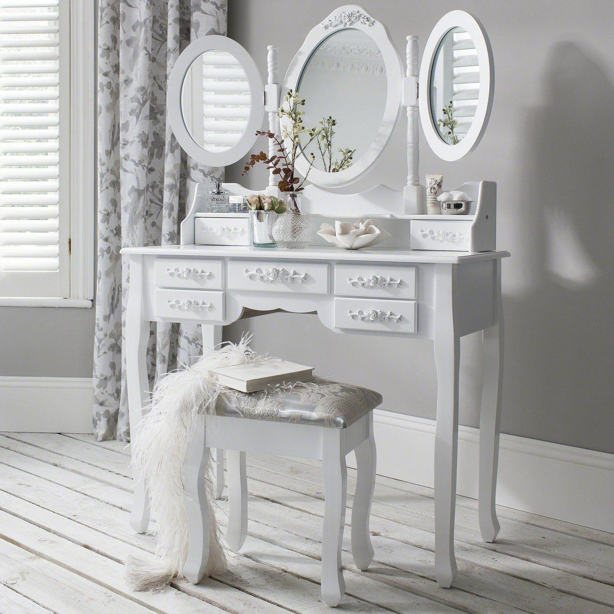 Monaco White Dressing Table with Mirror & Stool — view 4