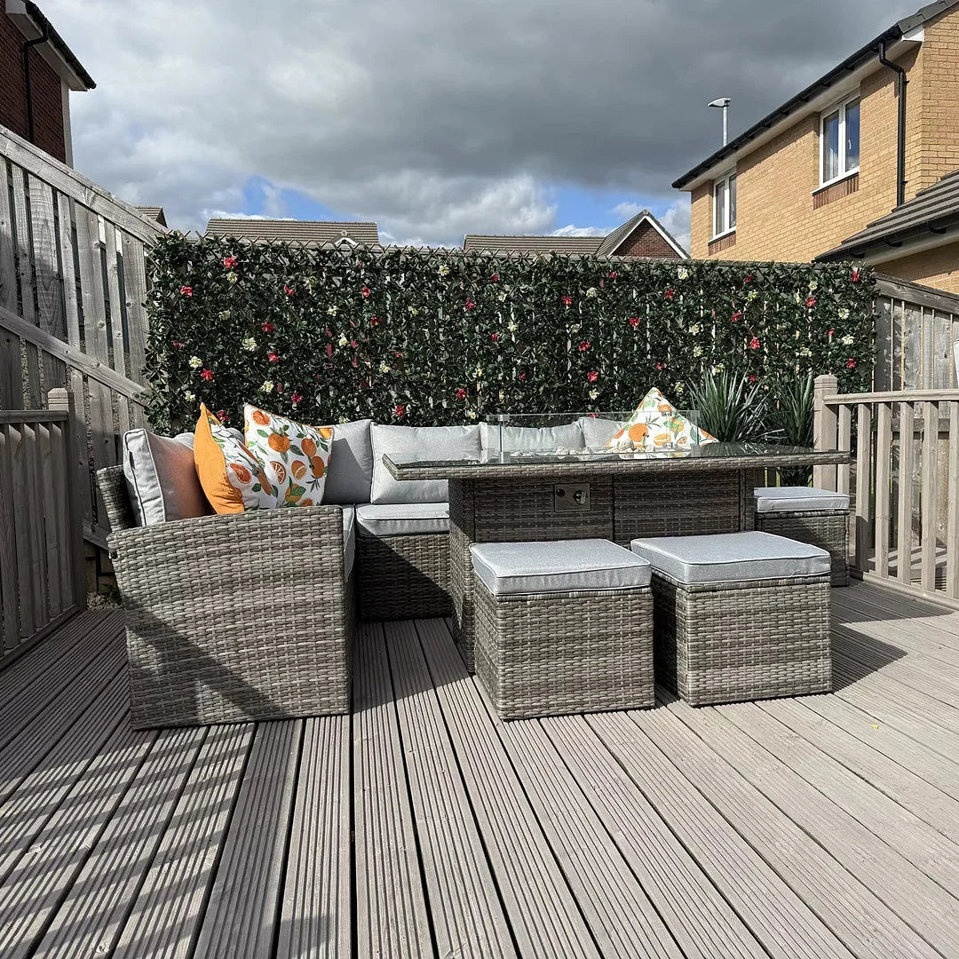 Aston 9 Seater Rattan Garden Corner Sofa Set with Cream Lean Over Parasol - Firepit - Grey — view 6