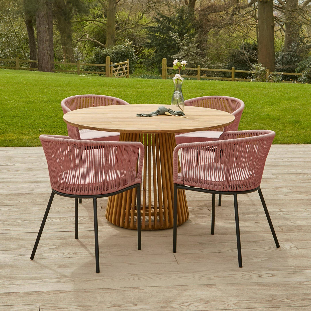 Willow 4 Seater Round Wooden Garden Dining Set - Hali Pink Chairs — garden dining set from 2nd Time Around